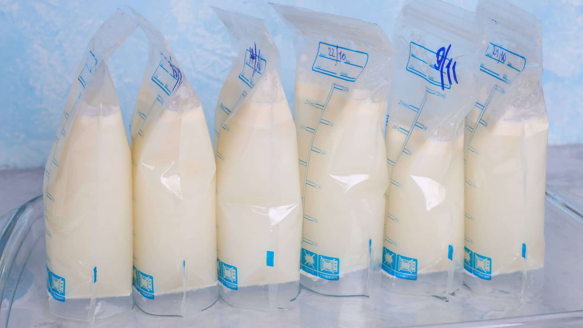 Bolsas de leche maternas etiquetadas con fecha para almacenamiento en un banco de lactancia